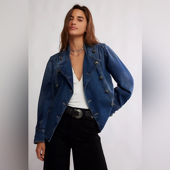 New We The Free Free People Imogene Blue Denim Officer Military Jacket sz M - Picture 2 of 10
